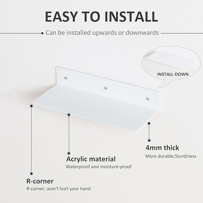 12 Inches White Acrylic Wall Shelves Set of 4, Wall Mounted Shelves Moel Car, Candle, Calendar, Towel, Tissue, Doll, 2 Pack-NeatNest
