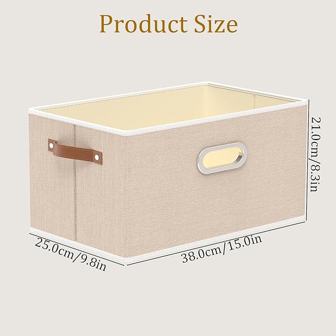 Yawinhe Collapsible Storage Box, Cube Storage Basket, Fabric Foldable Storage Bins Organizer Containers with Dual Leather Handles for Home Bedroom Closet Office,15.0 x 9.8 x 8.3 Inch, (Beige, 4-Pack)-NeatNest