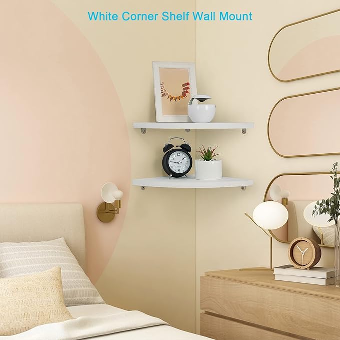 10 inch Corner Wall Shelf Set of 2, Solid Wood Corner Floating Shelves for Wall, Round End Wall Mounted Floating Shelf for Bedroom, Living Room and Kitchen (White-10 inch)-NeatNest