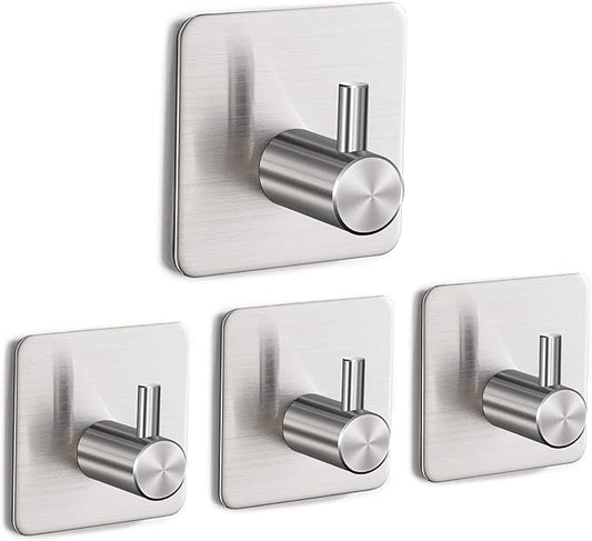 4 Pack Adhesive Stainless Steel Wall Hooks - Heavy Duty, Waterproof, Towel & Robe Hooks