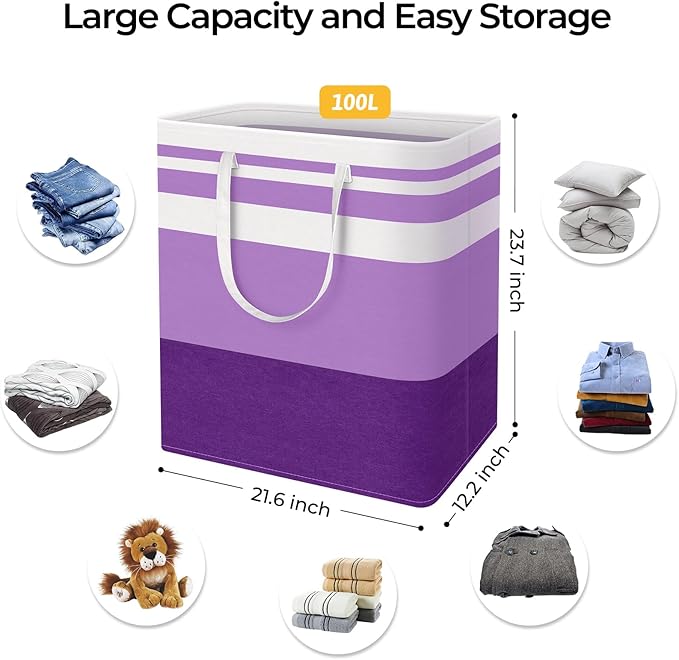 HomeHacks 2 Pack Large Laundry Baskets, Waterproof, Freestanding Laundry Hampers, Collapsible Clothes Hamper with Reinforced Handles in Laundry, College Dorm, Bathroom, Bedroom (Purple, 100Lx2)-NeatNest
