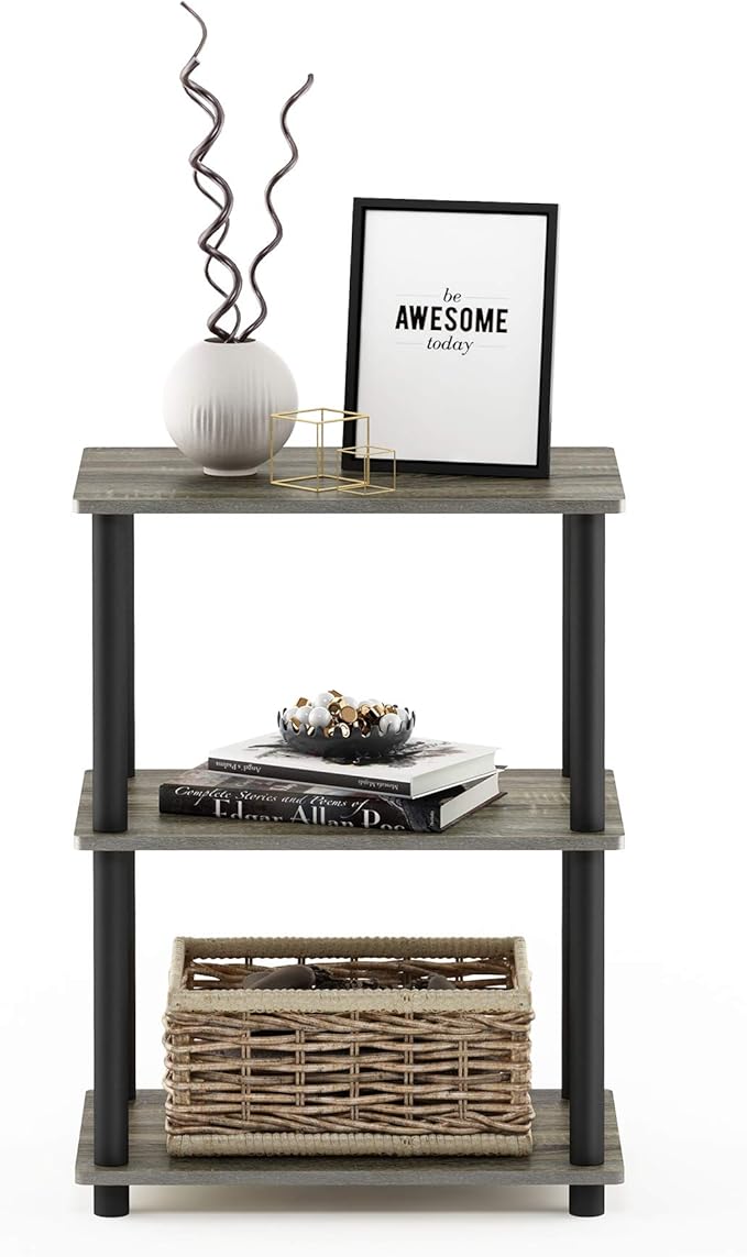 Furinno Turn-N-Tube No Tool 3-Tier Storage Shelf, Narrow, French Oak Grey/Black-NeatNest