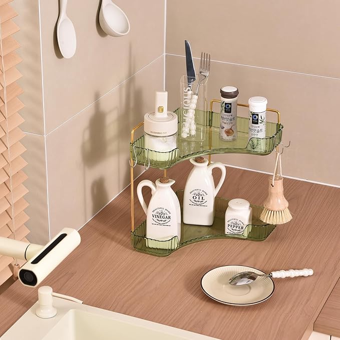 2 Tier Plastic Bathroom Counter Organizer with Hooks,Corner Vanity Tray and Makeup Storage Shelf for Sink, Countertop (Green Gold)-NeatNest