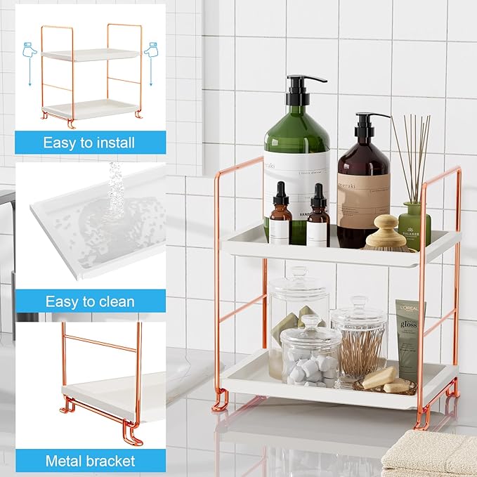 FSyueyun 2-Tier Bathroom Countertop Organizer, Tool-Less Installation Premium Plastics Makeup Shelf Organizer Perfume Skincare for Dresser Vanity Tray Organizers and Storage (Rose Gold)-NeatNest