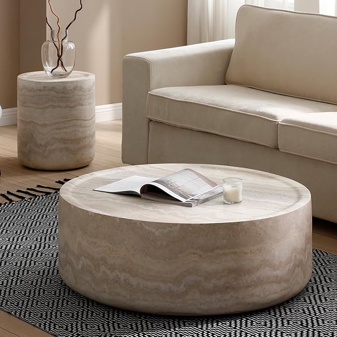 kevinplus ø31.5'' Round Stone Coffee Table for Living Room, Modern Drum Circle Faux Concrete Marble Coffee Table, Fiber Glass Material, No Assembly (Mars Texture, ø31.5'' x 11.8'')