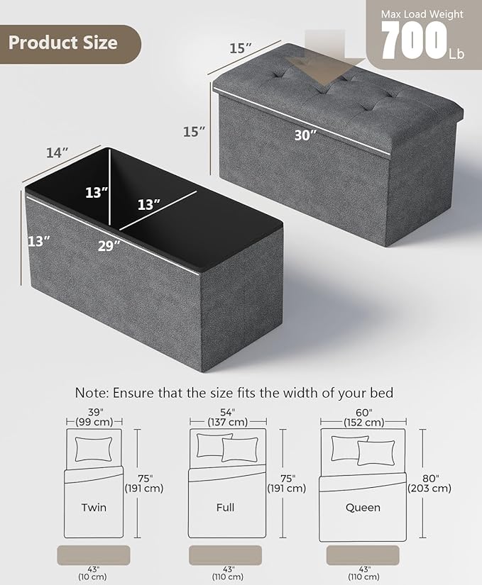 Folding Storage Ottoman Bench, Multi-Functional Ottoman Footrest, End of Bed Bench, Storage Chest for Living Room, Bedroom, Hallway, Entryway, Holds Up to 700 lbs (Dark Gray, 30 Inches)