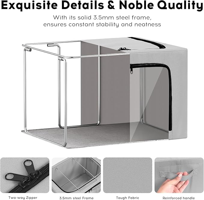 3-Pack Clothes Organizer Bins with Metal Frame, Foldable 40L Linen Storage Boxes with Lids, Clear Windows, Zippers & Durable Handles (Light Gray)-NeatNest