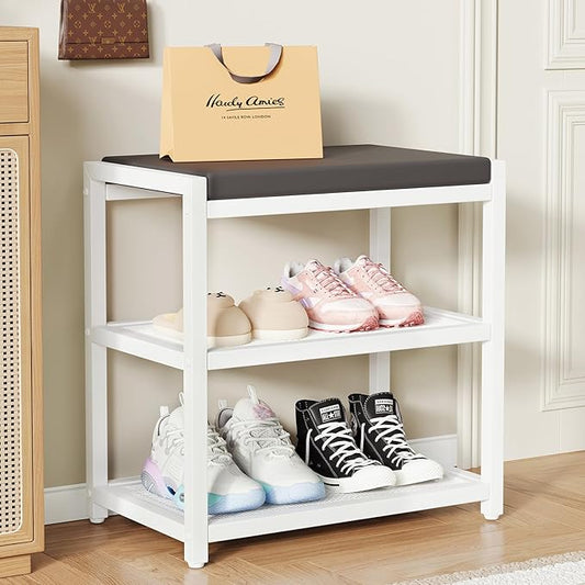 Small Shoe Bench Shoe Rack Storage Bench Entryway Bench Shoe Shelf with Seat Cushion, Stable Shoe Organizer for Entryway, Living Room, Bench Seat Holds Up to 300 lb, (18"L x 12"W x 17"H, White)-NeatNest