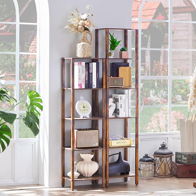 54in Tall Bookshelf 5-Tier Small Narrow Bookcase, Skinny Book Shelf for Small Space, Farmhouse Slim Shelf with Storage, Wood Freestanding Display Thin Bookshelves for Living Room, Office, Brown