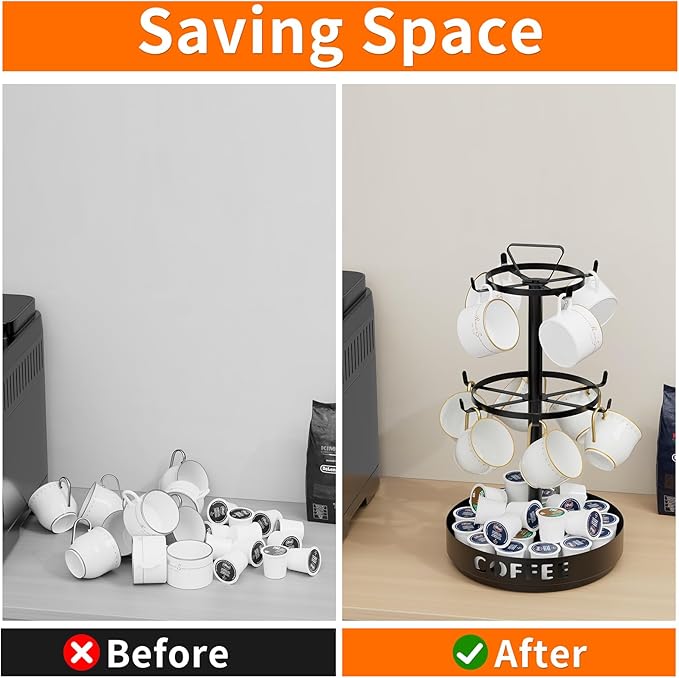 Coffee Mug Holder - Metal Mug Tree Rotatable Mug Rack, 3 Tier Coffee Cup Holder with 10 Adjustable Hooks for Bar Kitchen Counter, with Storage Base for Pods, Sugar Bags-NeatNest