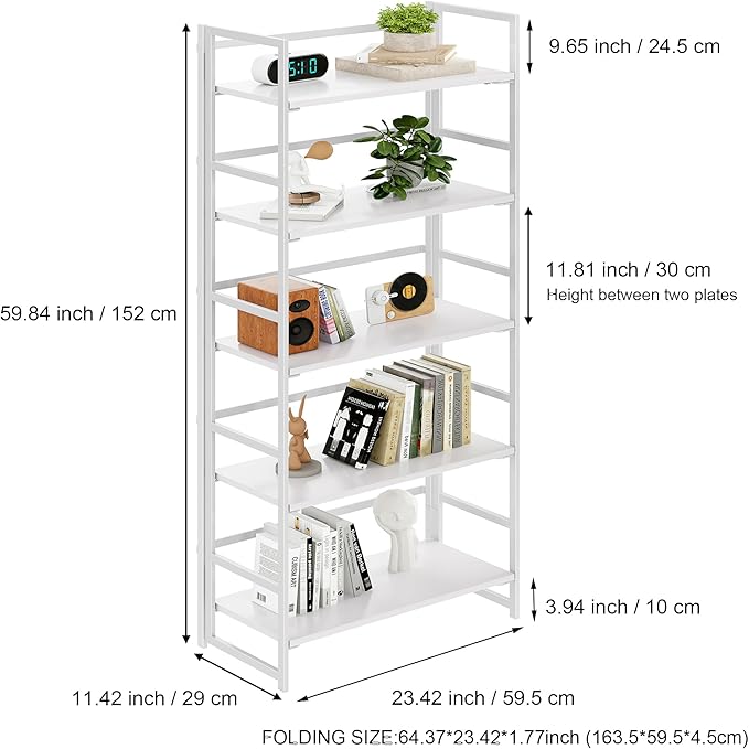 BHG Vintage Multifunctional Folding Bookshelf, No-Assembly Plant Stand Storage Rack Shelves for Home Office (All White, 5-Tier)-NeatNest