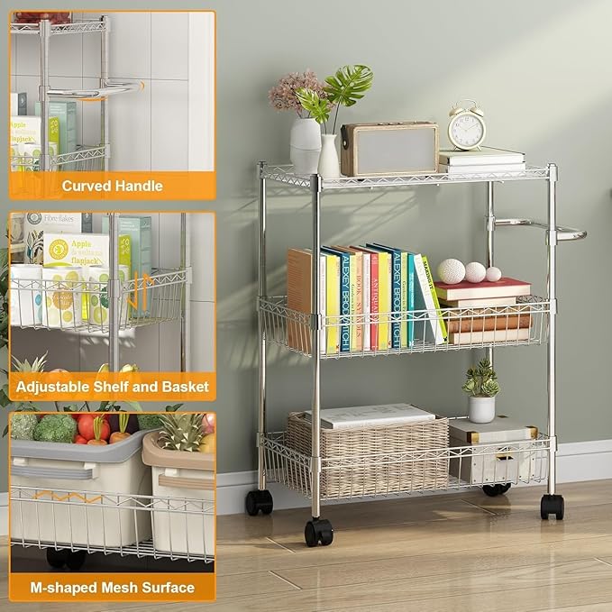 3 Tier Rolling Storage Cart with Adjustable Wire Shelving, 360-Degree Rotating Wheels with Brakes, Sturdy Carbon Steel Build, Versatile for Kitchen, Bathroom, and Office