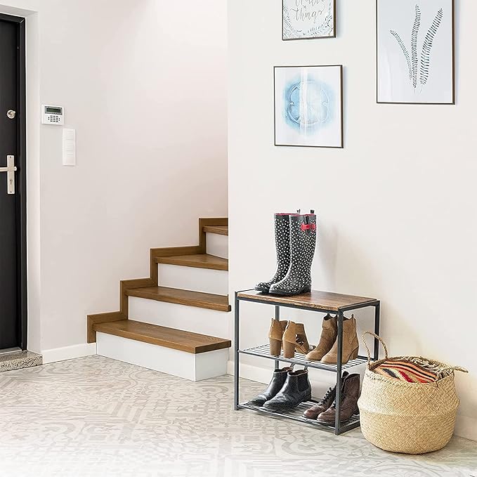 IRIS USA 3-Tier Shoe Rack, Up to 6 Pairs, Shoe Bench for Front Door Entrance, Entryway, Mudroom Bench, Shoe Organizer for Closet, Shoe Storage Shelf, Modern Wood and Metal Shoe Rack Bench