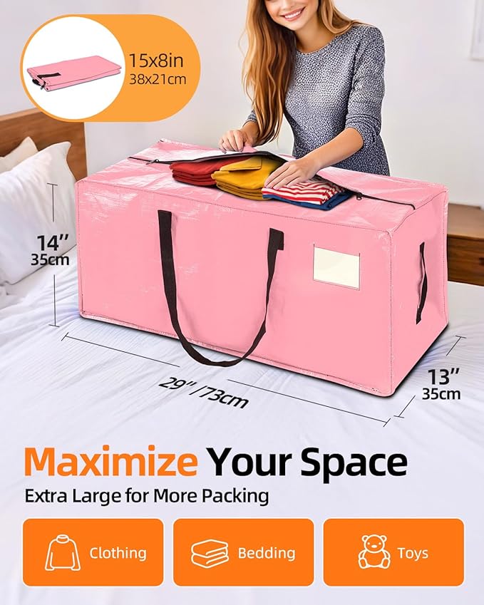 12 Pack Extra Large Moving Bags, Heavy Duty Packing Bags with Zippers and Handles for Space Saving, Clothes Storage, College Essentials, Travel, Pink
