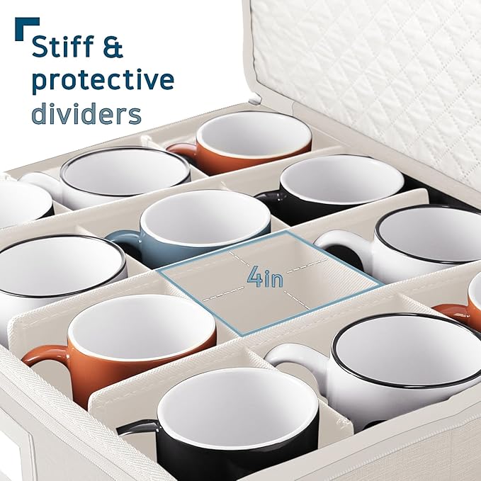 Hearth & Harbor Coffee Mug Storage, Quilted and Stackable Coffee Cup Storage Organizer for Service of 12, Mug Storage Box with Dividers, China Containers Hard Shell for Moving and Organization, Cream-NeatNest