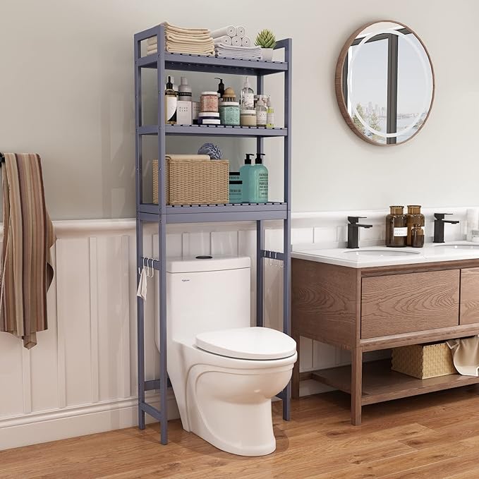 HITOMEN Over The Toilet Storage Cabinet, Bamboo Adjustable 3-Tier Above Toilet Shelf, Stable Freestanding Above Toilet Organizer with 3 Hooks for Bathroom Restroom Laundry Balcony, Grey 67" H