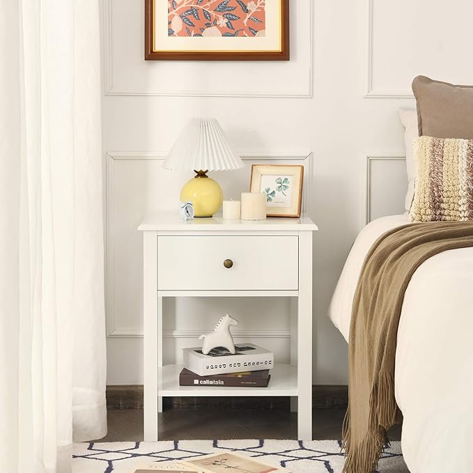 Giantex Nightstand, 2-Tier End Table with Drawer and Open Storage Shelf, Modern Bedside Tables, Wooden Side Table Night Stand for Bedroom, Dorm, Small Spaces, Easy Assembly, White