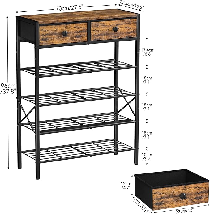 Shoe Rack for Entryway, 5 Tier Shoe Organizer with 2 Non-woven Drawers, Metal Storage Shoe Shelf for 16-20 Pairs of Shoes, with Wooden Top and Steel Frame, Shoe Stand for Closet Rustic Brown-NeatNest