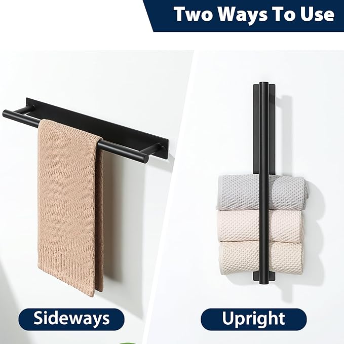 Alise Bath Towel Bars, 16 Inch Towel Hanger Towel Racks for Bathroom, SUS304 Stainless Steel Hand Towel Holder, Wall Mount with Self-Adhesive or Drilling, Matte Black
