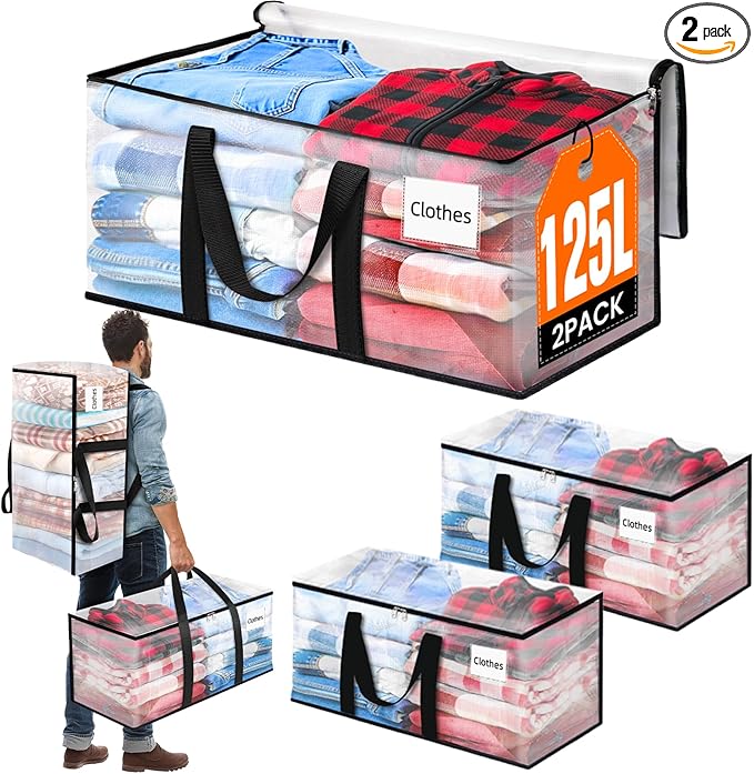 BlissTotes 2-Pack Large Moving Bags with Backpack Straps & Strong Zippers, Heavy-Duty Storage Bags Moving Boxes for Space Saving, Dorms, Transport, 125L-30 Gallons, Clear-NeatNest