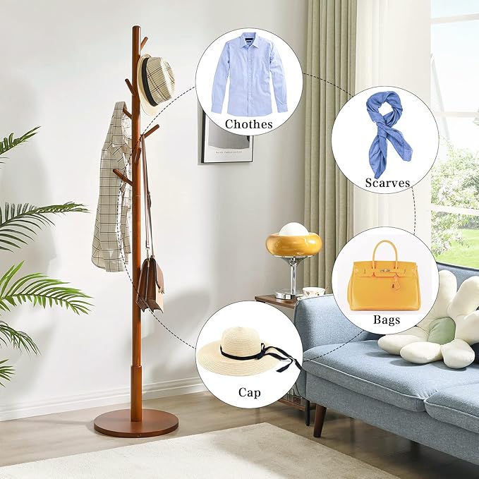 IBUYKE Coat Rack Stand, Freestanding Coat Tree with Solid Round Base and 8 Hooks, Easy Assembly Wooden Coat Hanger, Clothes Rack for Hallway Entryway, Living Room, Bedroom, Office, Brown WD-113-NeatNest