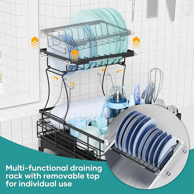 Dish Drying Rack for Kitchen Counter, Extendable Dish Rack with Drainboard, Kitchen Countertop 2 Tier Dish Drying Rack, Expandable Dish Strainer with Cutlery Holder, Removable Cutlery Holder（Black）