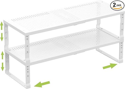 Expandable Cabinet Shelf Organizer Storage Spice Rack Shelves for Kitchen Stackable Adjustable Pantry Cupboard Bathroom Countertop Desktop(2Packs/White/Medium-with Hole)-NeatNest