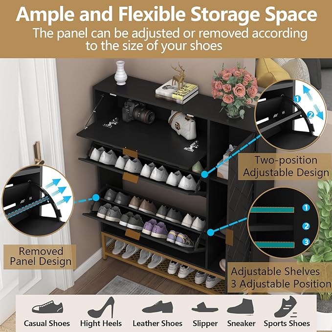 Loomie Shoe Cabinet,Freestanding Tipping Bucket Shoe Rack Organizer with 2 Flip Drawers,Entryway Narrow Shoe Storage with Adjustable Storage Shelf &Top Cubby,Modern Slim Hidden Shoe Cabinet, Black-NeatNest