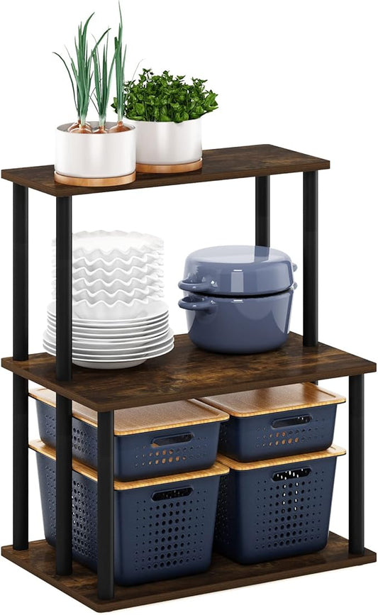 Furinno Turn-N-Tube 3-Tier Toolless Kitchen Storage Shelf, Amber Pine/Black-NeatNest