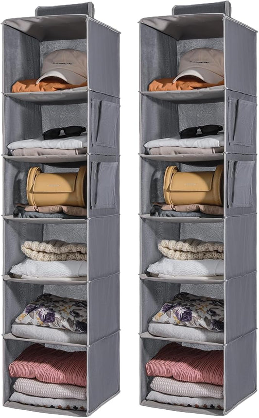 2 Packs Hanging Closet Organizer Storage, 6-Shelf Hanging Shelves for Closet, Closet Clothes Organizer and Storage with Side Pockets, Grey-NeatNest