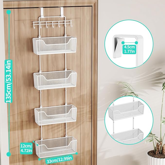 HapiRm Over Door Organizer Storage - Hanging Door Organizer with 4 Metal Large Capacity Baskets and Adjustable Coat Hook for Bathroom Bedroom Kitchen Pantry Closet Cabinet-NeatNest