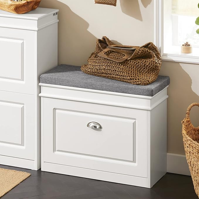 Haotian White Hallway Shoe Bench, Narrow Shoe Rack Entryway, Small Shoe Cabinet with 1 Flip-Drawer and Seat Cushion, FSR82-K-W-NeatNest