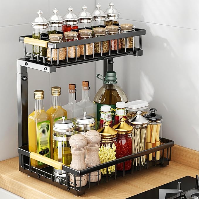 2 Tiers Under Sink Organizers, 2 Pack Metal Kitchen Storage Shelf, Pull Out Sink Storage Rack, Multi-purpose Under Sink Shelf Organizer for Under Sink Cabinet Bathroom Kitchen (Black)-NeatNest