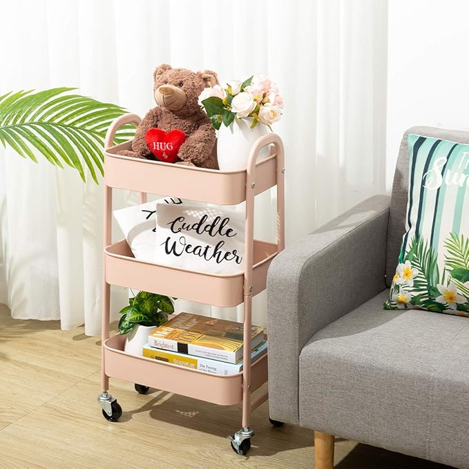 AGTEK Makeup Cart, Movable Rolling Organizer Cart, 3 Tier Metal Utility Cart, Rosiness-NeatNest