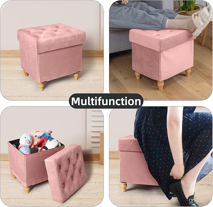 CAROLMADE Folding Storage Ottoman Cube Velvet Footstool with Wood Legs Ottoman Footrest for Living Room and Bedroom Pink, Grey 15"x12.6"x15.4"-NeatNest