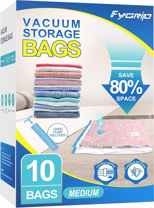10 Pack Medium Vacuum Storage Bags with Hand Pump, Plastic Packaging Bags, 80% Space Saver Vacuum Seal Bags for Clothing, Travel Lugggage, Blankets, Comforters-NeatNest