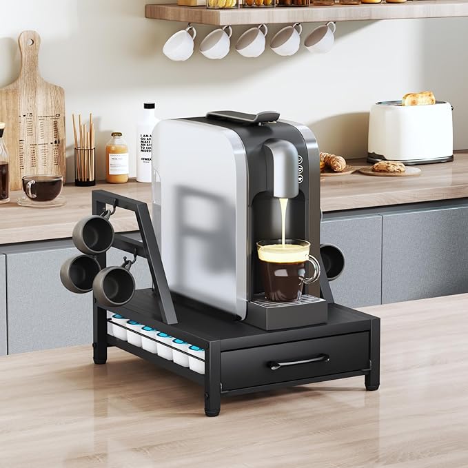 K Cup Holder Drawer - K Cup Storage Organizer, Coffee Pod Drawer with Hooks, Durable Iron-Wood Design, Space-Saving Coffee Station Organizer for Kitchen Counter-NeatNest