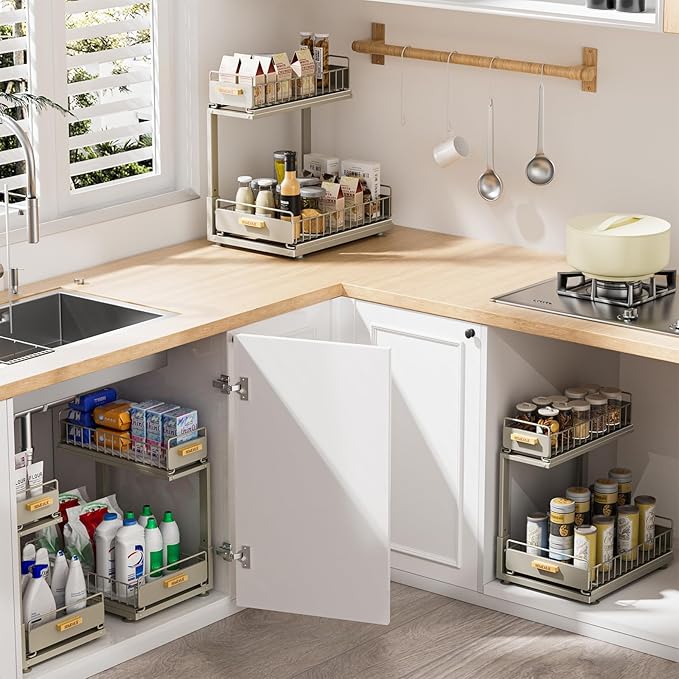 Under Sink Organizer, High Adjustable 2 Tier Under Kitchen Sink Organizer, Multi-Purpose Storage Shelf for Kitchen Bathroom Cabinet, Gray-NeatNest