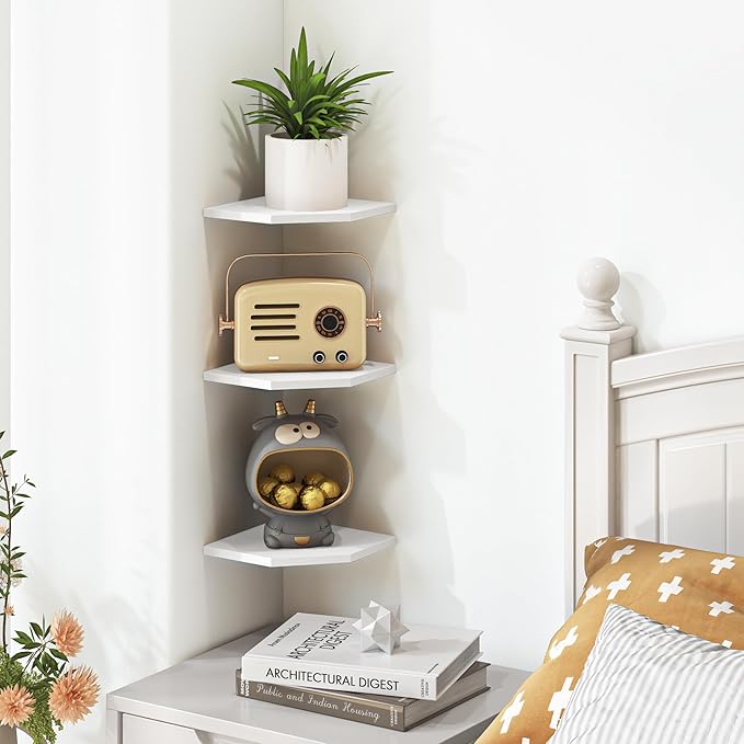 Corner Shelf Wall Mount, Floating Corner Shelves, Set of 3 Corner Wall Shelf Organizer, Rustic Wood Wall Storage Display Shelves for Living Room Bedroom Bathroom Kitchen, Rustic White-NeatNest