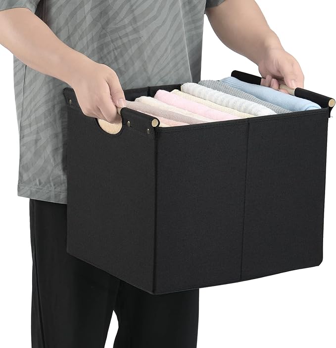HOONEX Large Collapsible Storage Bins, Linen Fabric, Pack of 2, Storage Baskets with Wooden Carry Handles and Sturdy Heavy Cardboard, for Home, Office, Car, Nursery, Black