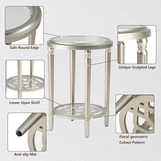 COSIEST Set of 2 Modern Round End Table, 2-Tier Glass Side Table with Glass Tabletop, Wood Accent Table with Storage Shelf for Living Room, Bedroom-NeatNest