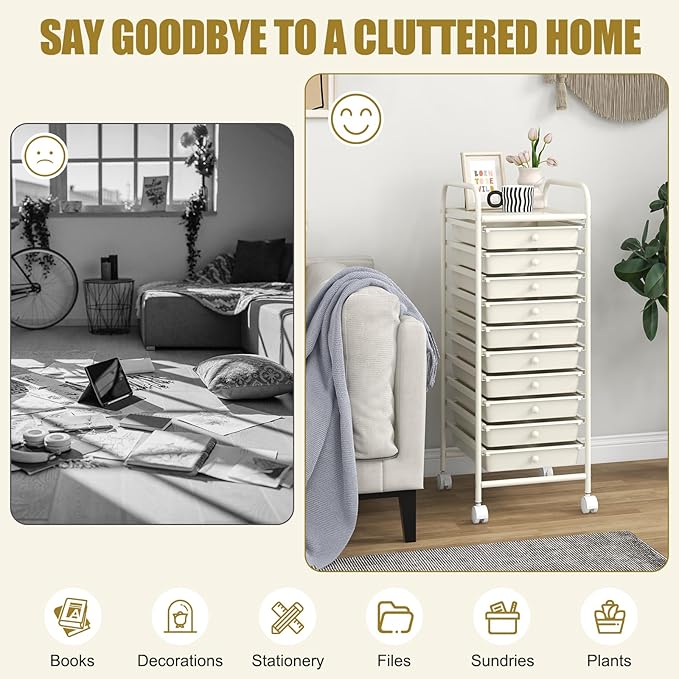 COSTWAY 10-Drawer Rolling Storage Cart, Utility Mobile Trolley with Removable Drawers & Universal Casters & 2 Brakes, Versatile Flexible Drawer Organizer Cart for Home, Office, White-NeatNest