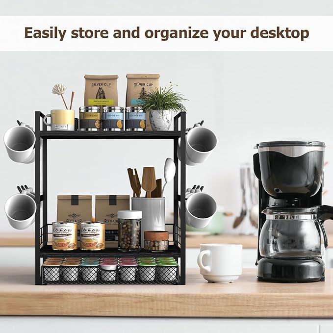 Coffee Bar Organizer, 3 Tier Station for Countertop, Mug Cup Holder Stand With 28 K Cup Storage and 12 Hooks for Kitchen, Home & Office, Black-NeatNest