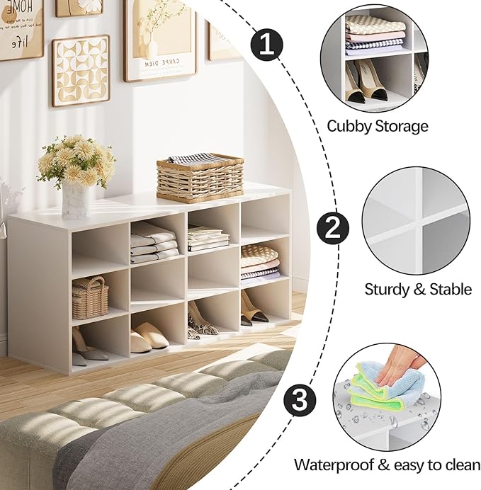 Garden 4 you Shoe Storage Bench, Cubby Shoe Rack with 12 Cubbies, 3-Tier Wood Shoe Rack Organizer, Shoe Organizer Cabinet for Entryway, Hallway, Closet and Garage, White-NeatNest