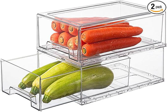 PeJeyiee 2 Pack Clear Stackable Refrigerator Organizers and Storage Drawers - Pull-Out Fridge Bins with Anti-Slip Base & Easy Clean, Plastic Organizers for Kitchen Pantry Cabinet Closet (Large)-NeatNest