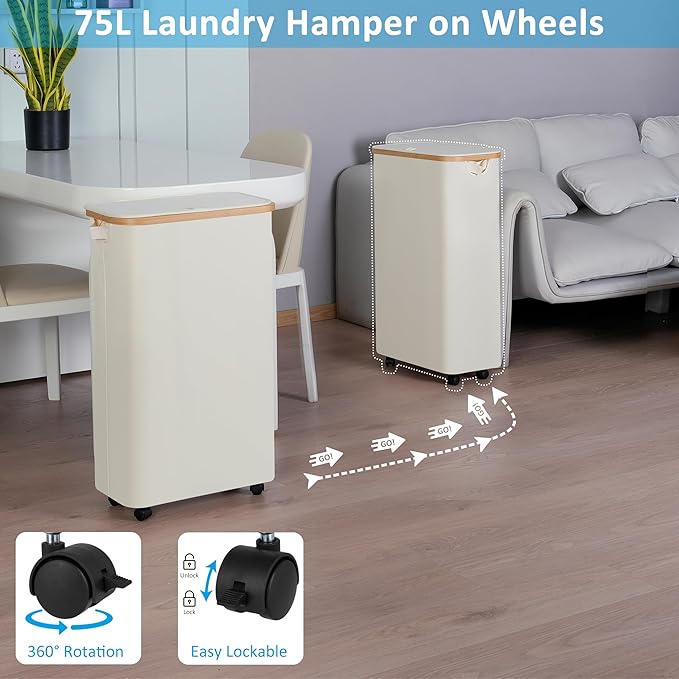 efluky Slim Laundry Basket with Wheels, Narrow Rolling Laundry Hamper with Lid and Removable Bag, Aesthetic Dirty Clothes Hamper on Wheels for Laundry Room, Bedroom, Dorm and Bathroom, 75L Beige-NeatNest