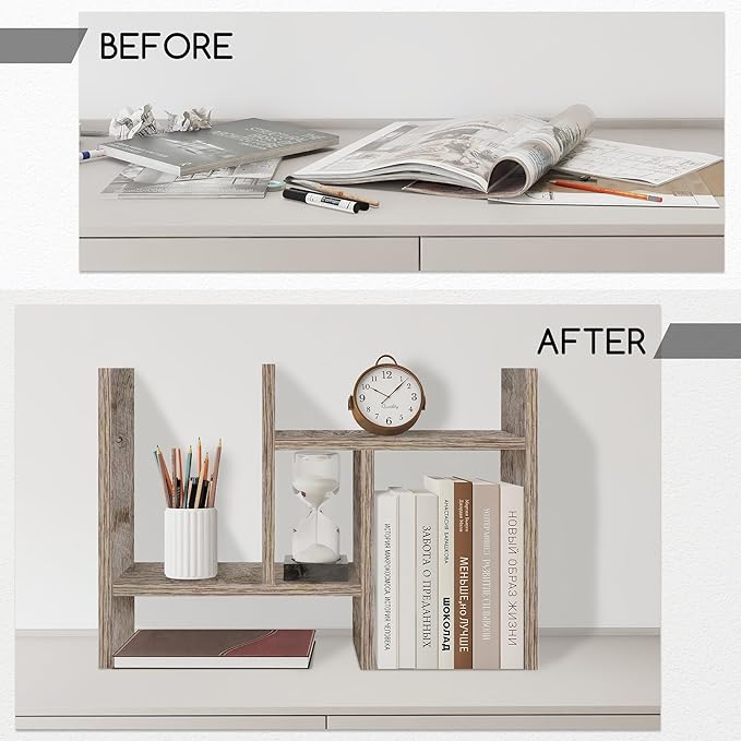 Jerry & Maggie Desktop Organizer Office Storage Rack Adjustable Wood Display Shelf Free Style Double H, Multi-Functional Mini Bookshelf for Desk Natural Stand (Gray Oak)-NeatNest