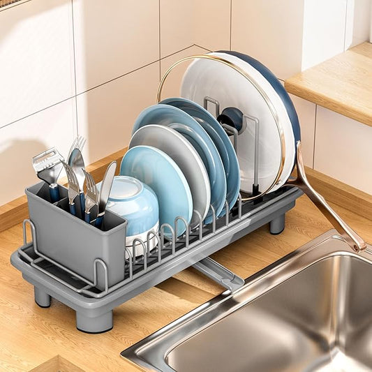 Compact Dish Drying Rack with Utensil Holder – Small Countertop Dish Drainer with 360° Rotating Drain Spout, Stainless Steel Dish Rack for Kitchen Sink, Space-Saving Design for Small Kitchen , Grey-NeatNest