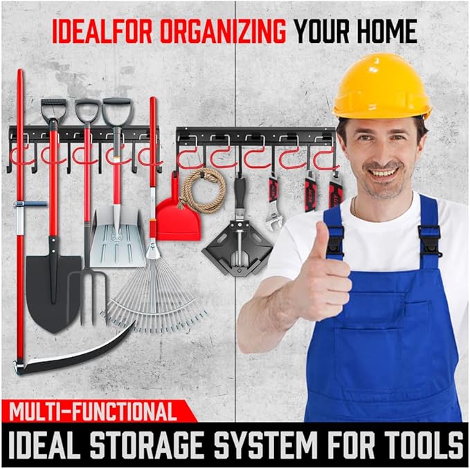 68" All Metal Garden Tool Organizer - Sturdy Garage Wall & Shed Organization System - Hooks for Shovel, Broom, Rake & More