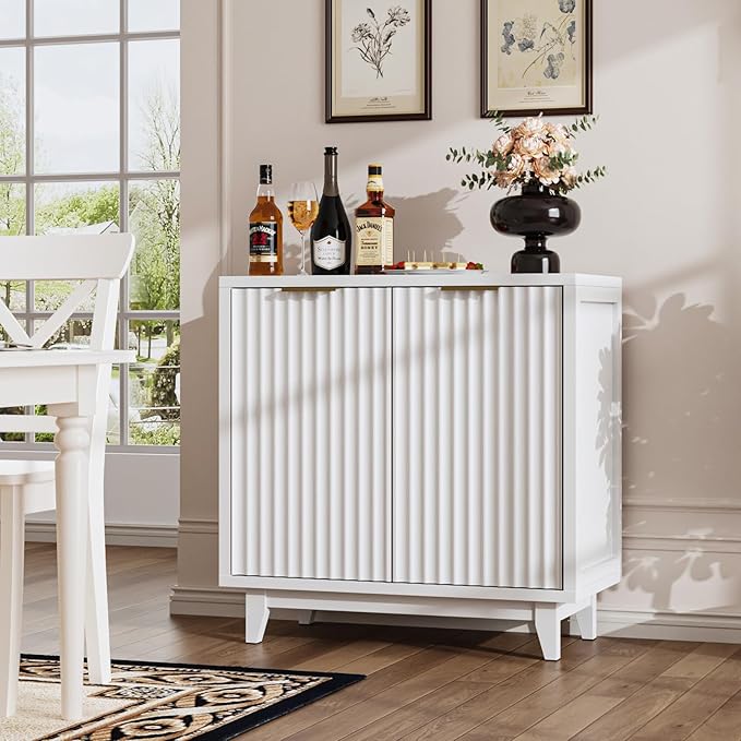 Fluted Coffee Bar Cabinet with Storage, Modern Sideboard Buffet Cabinet with Removable Wine Rack, Drawer, Adjustable Shelf, White Liquor Cabinets for Living Room, Dining Room, Kitchen, Entryway
